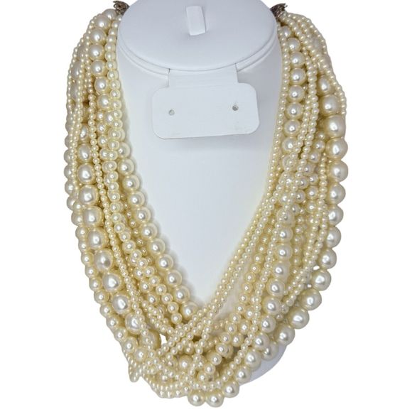 Vintage Graduated Faux Champagne Pearl Layered Statement Necklace 22” Wedding